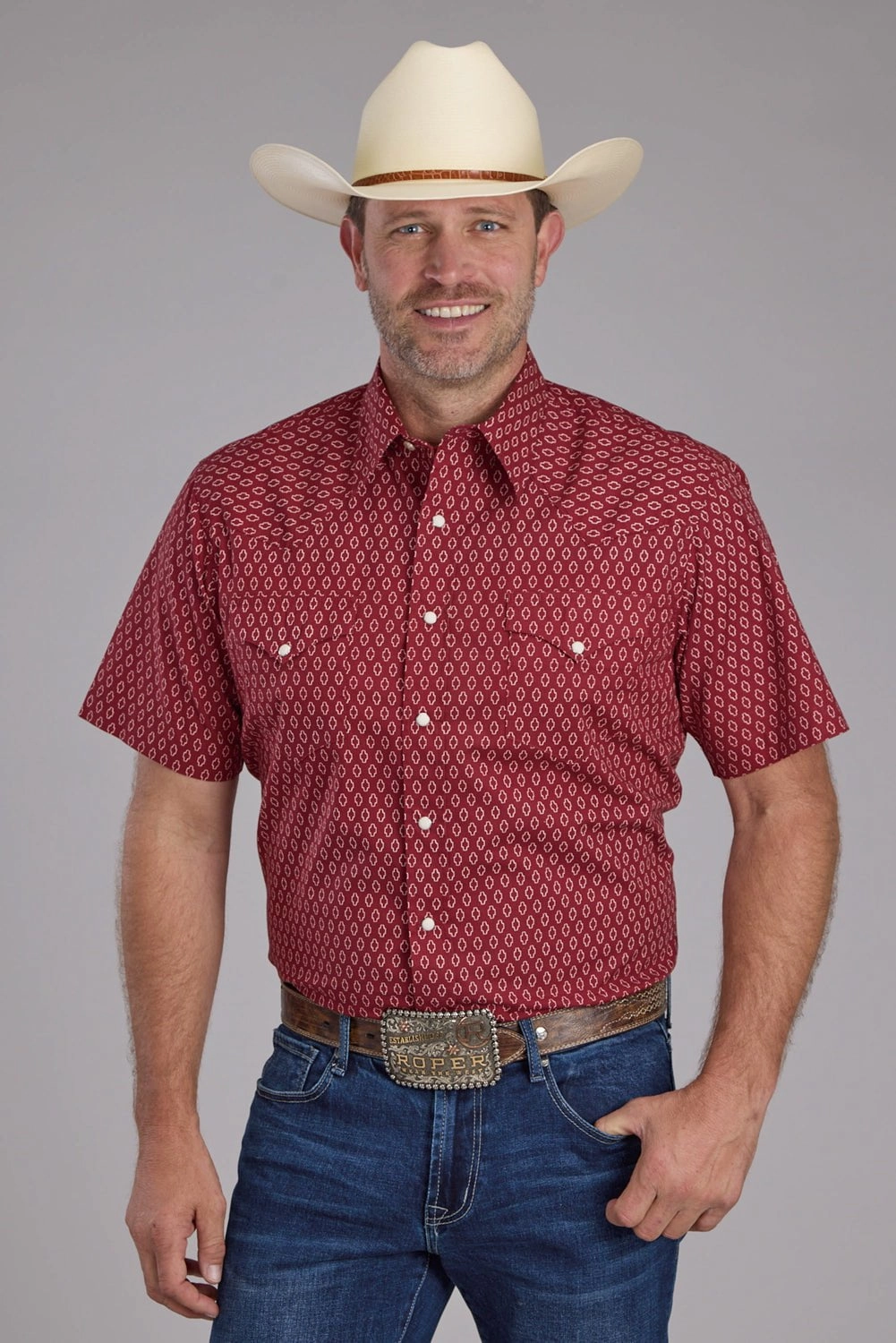 Lakeside Relaxation Roper Mens Geo Print Red 100% Cotton S/S Shirt