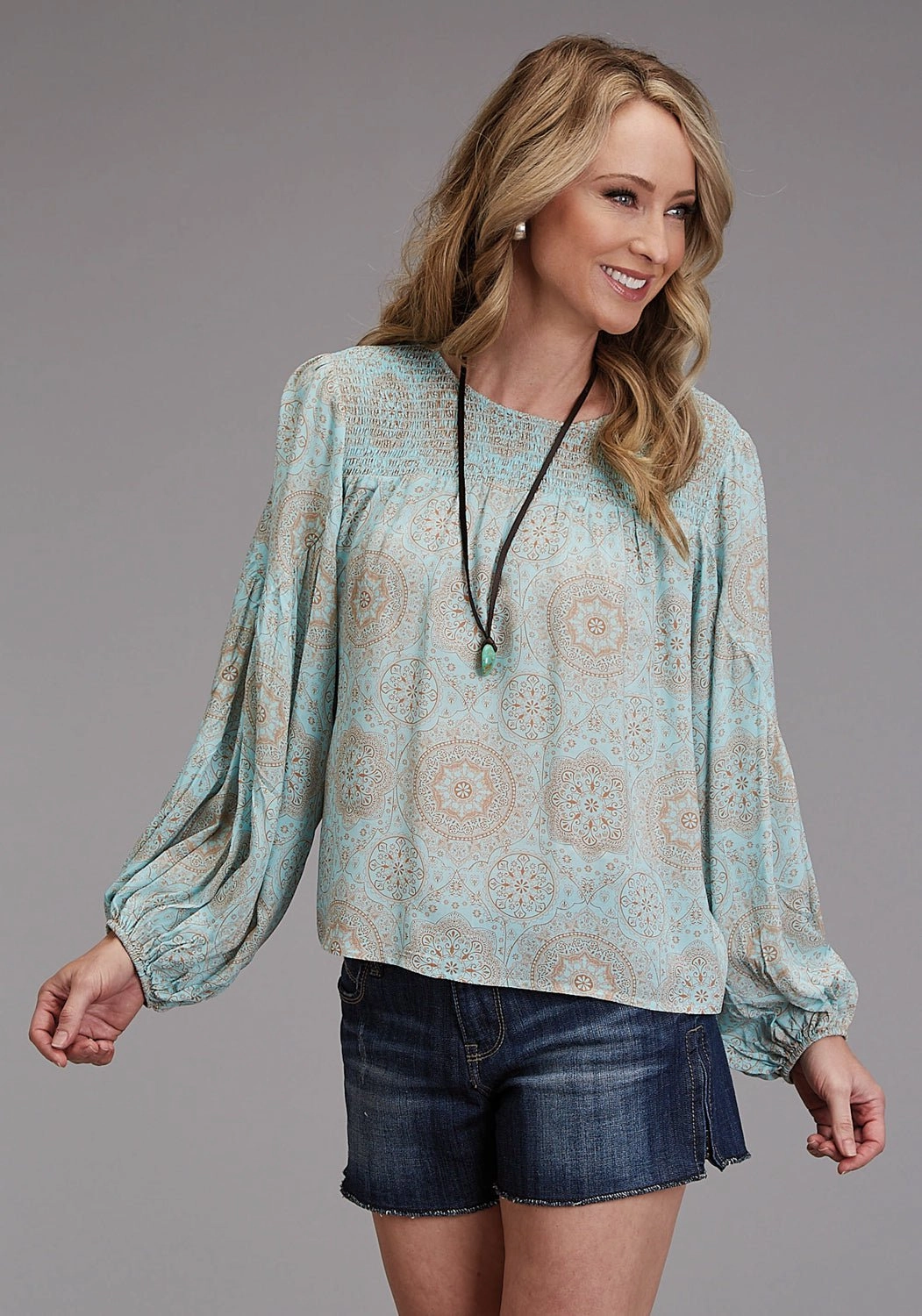 Effortless Style Stetson Womens 1986 Mandala Print Aqua 100% Rayon L/S Tunic