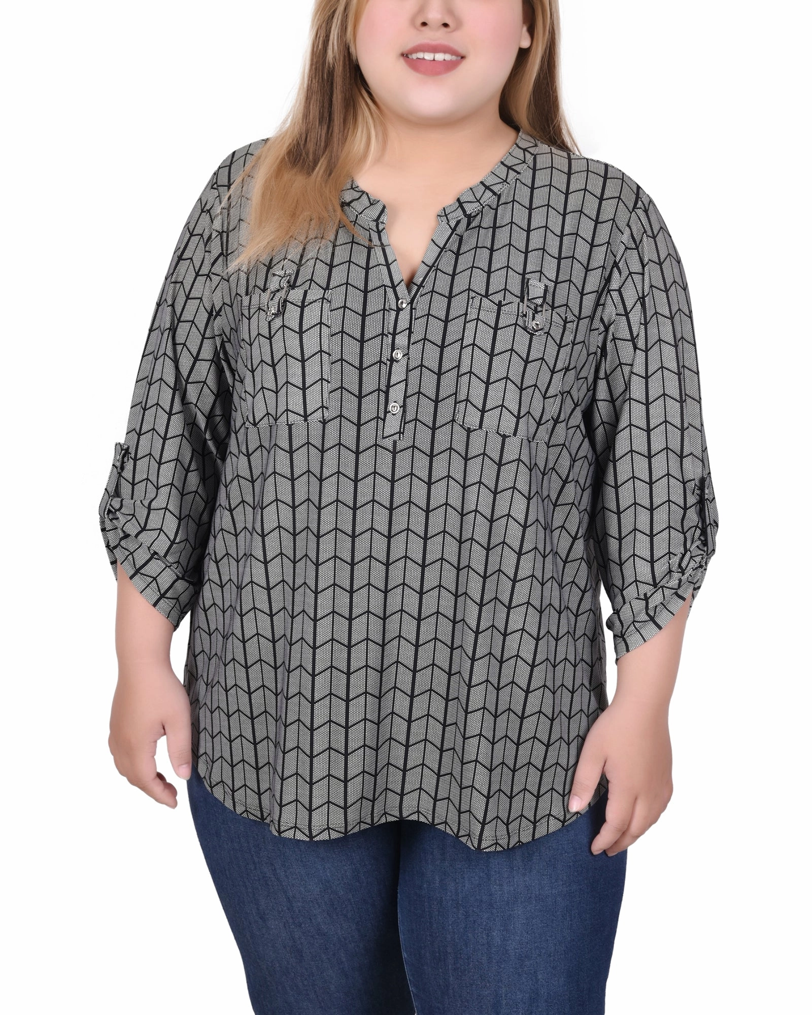 Modern Touch Long Tab-Sleeve Top With Pockets