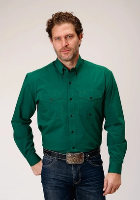 Bold Pattern Plus Size Roper Mens Black Fill Solid Green 100% Cotton L/S Shirt