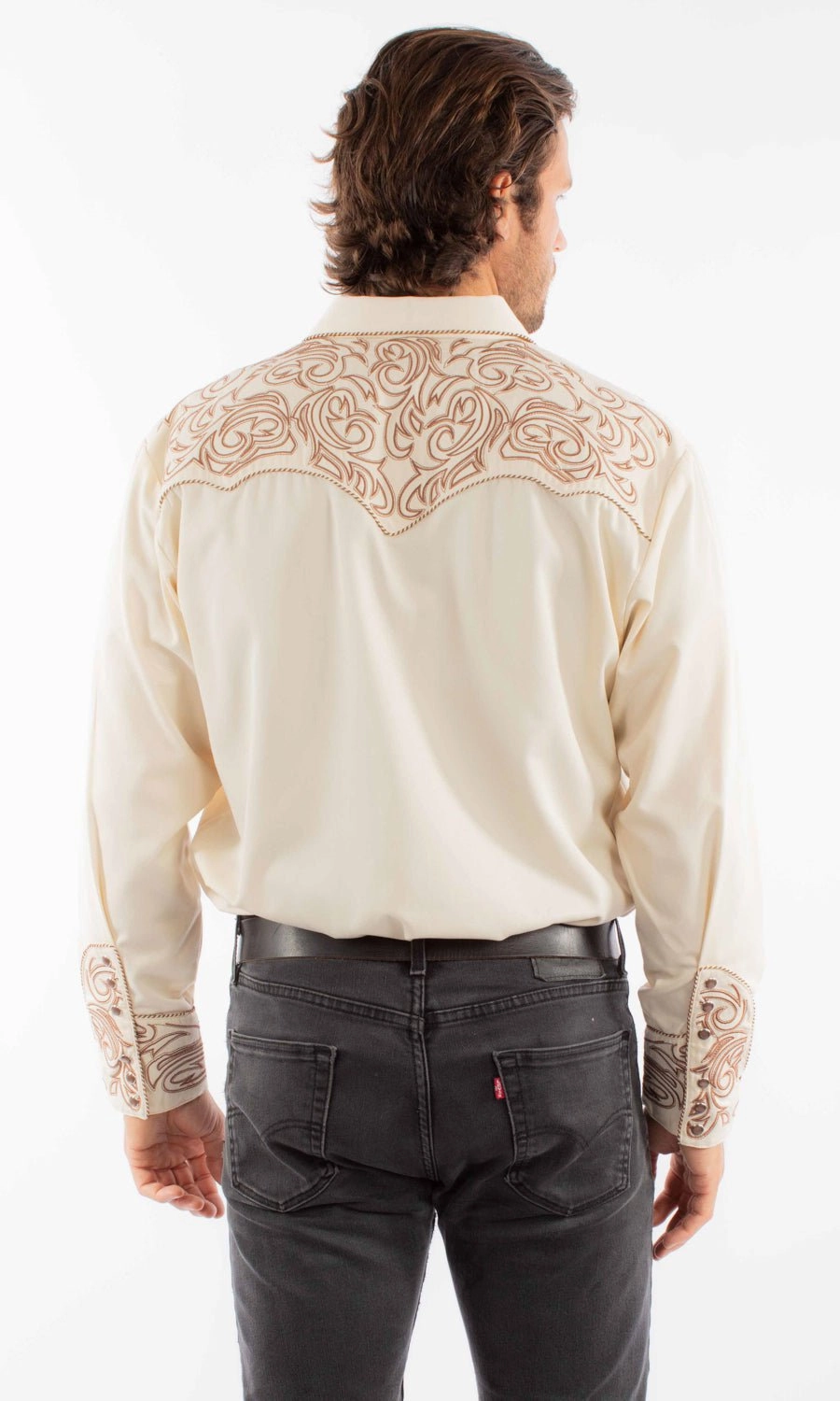 Scully Mens Embroidered Scroll Cream Poly/Rayon L/S Shirt Mountain Retreat
