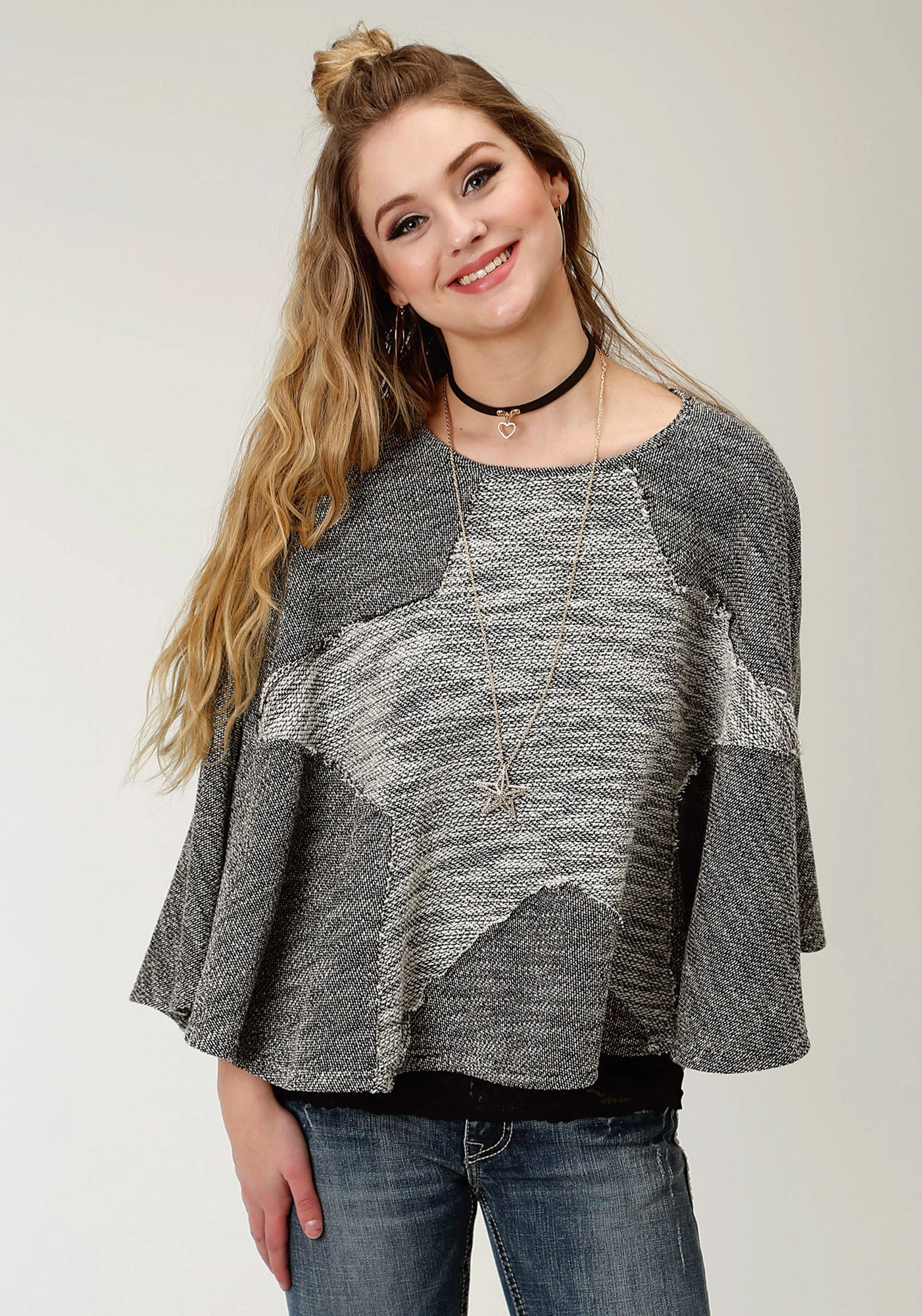Fashion Statement Roper Womens Black/White 100% Cotton Star-Shaped Poncho