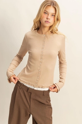 Fun and Relaxed Lorelei Long Sleeve Ribbed Button Down Fashion Knit Top