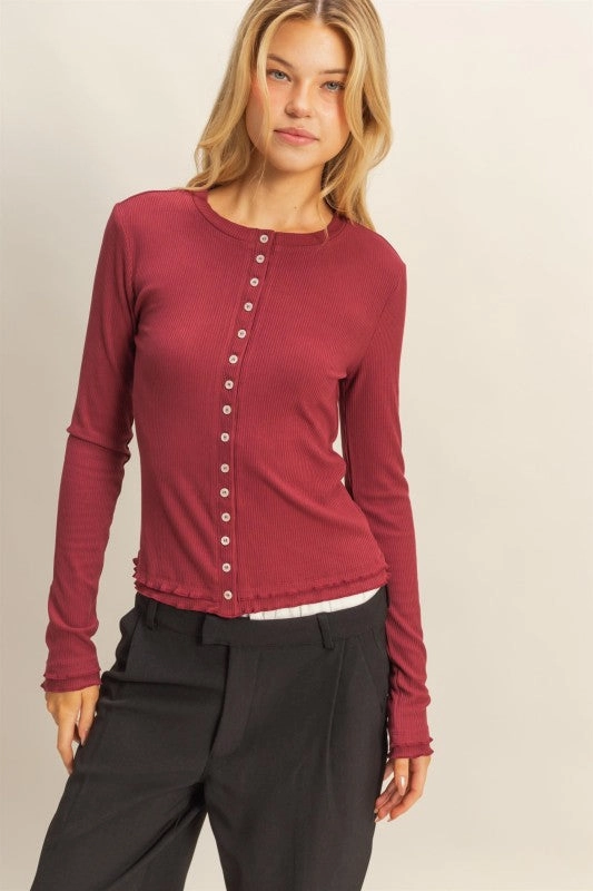 Heather Jersey Material Lorelei Long Sleeve Ribbed Button Down Fashion Knit Top