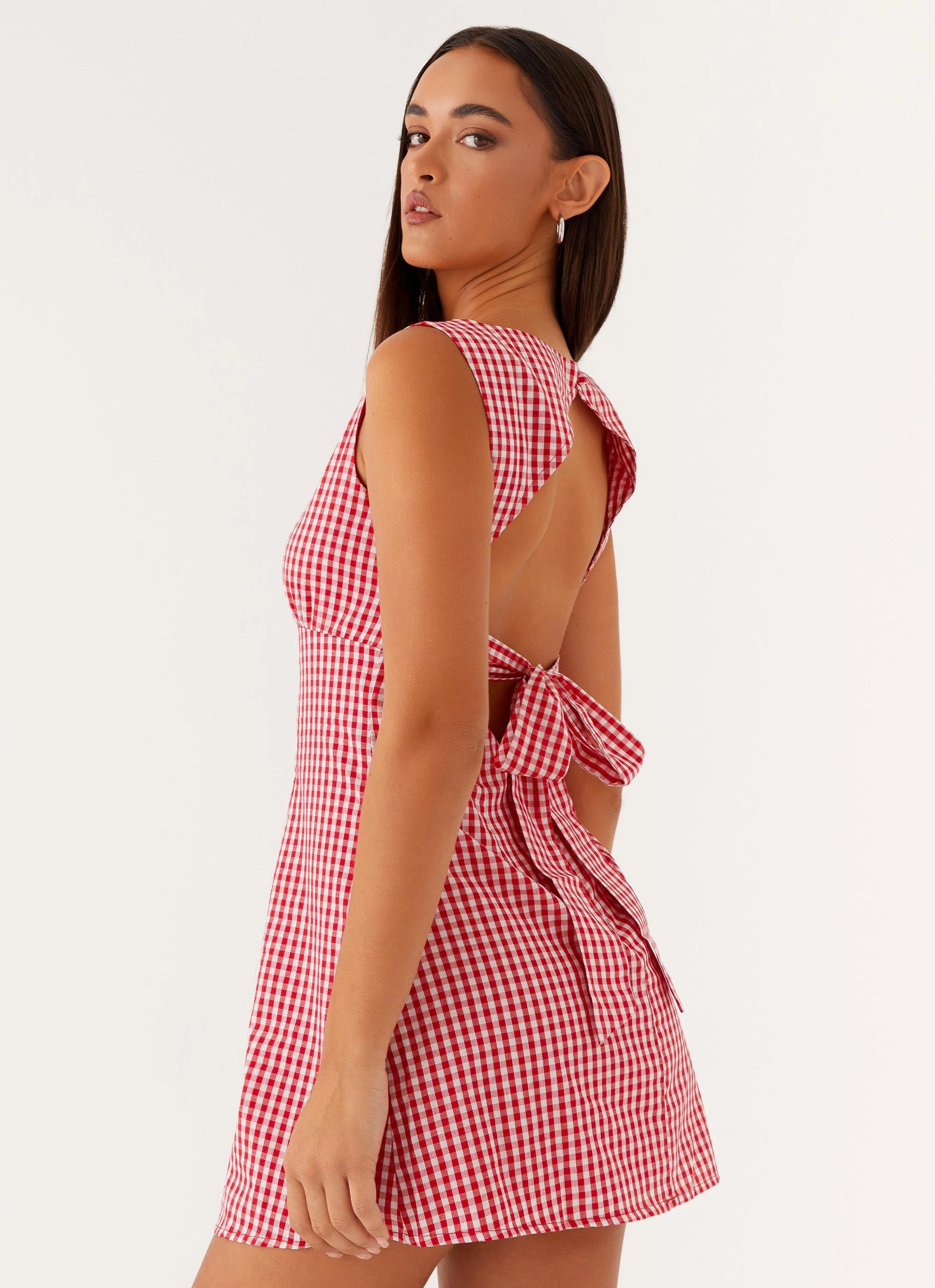 Anti-Static-Finish Perfect Look Lotus Tie Back Mini Dress - Red Gingham