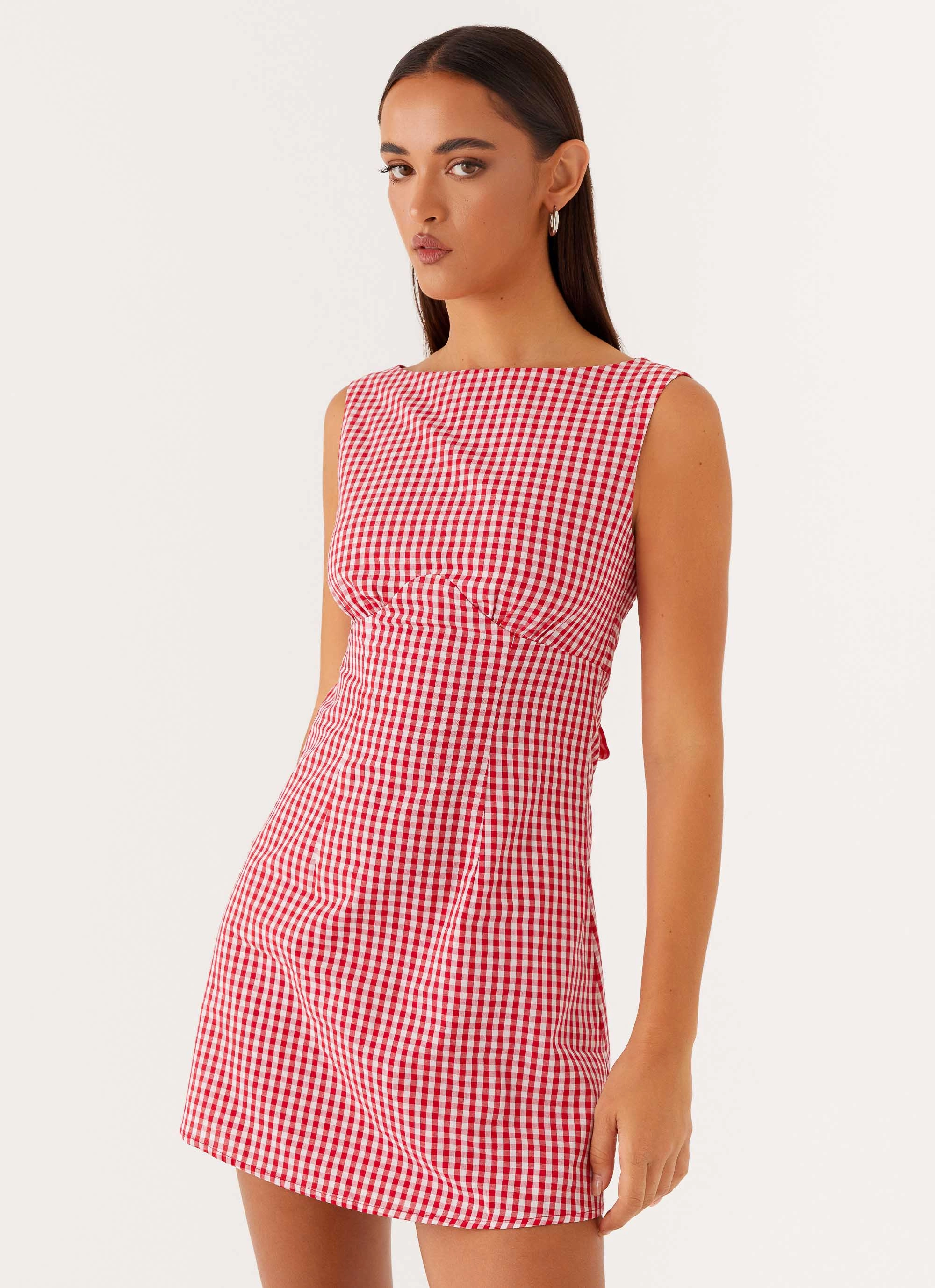 Lotus Tie Back Mini Dress - Red Gingham Golden Scene
