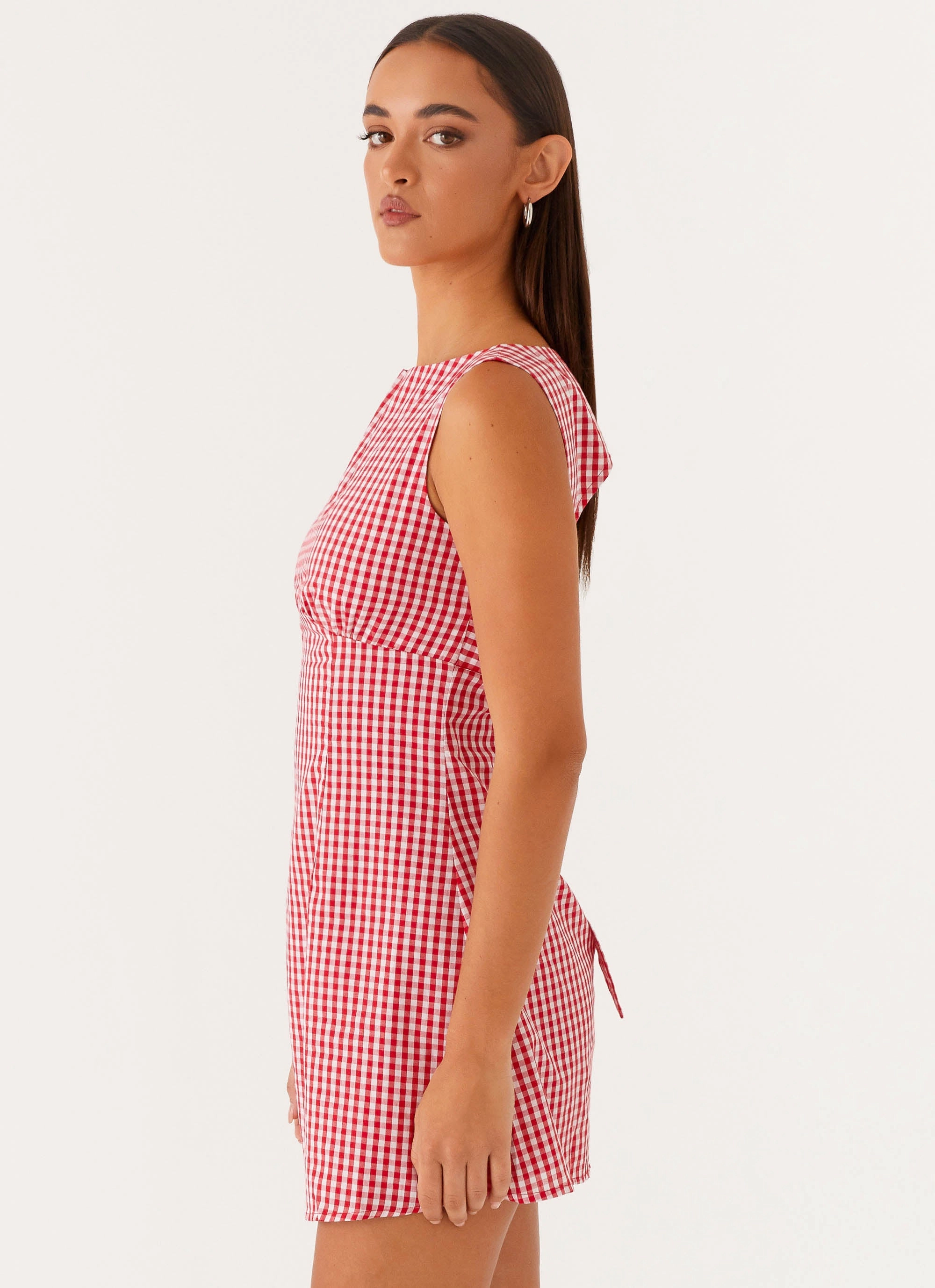Lotus Tie Back Mini Dress - Red Gingham Free Shape Texture Rich