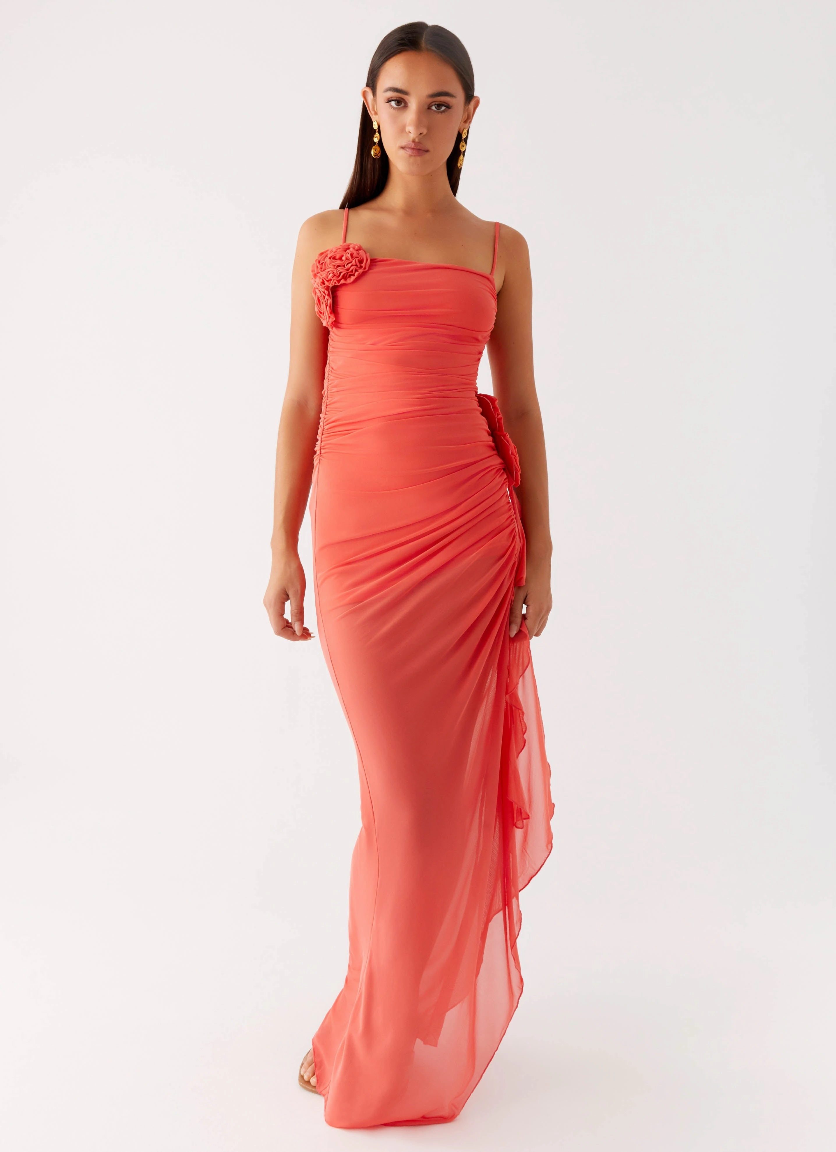 Glossy-Finish Louana Maxi Dress - Coral