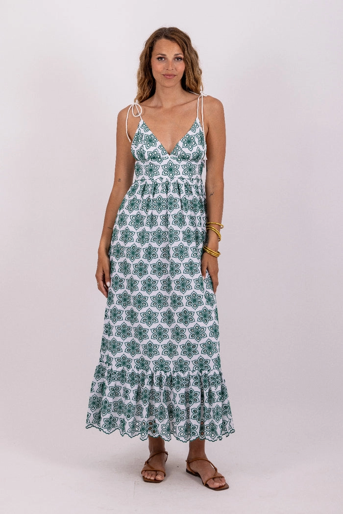 Fashion-forward day dress Polished Details Louve Long Dress in Green Eyelet