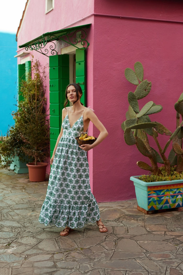 Soft Cut Louve Long Dress in Green Eyelet