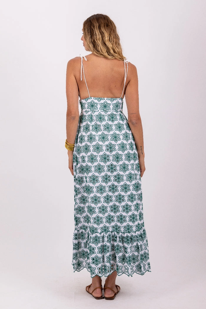 Comfort Layer Louve Long Dress in Green Eyelet