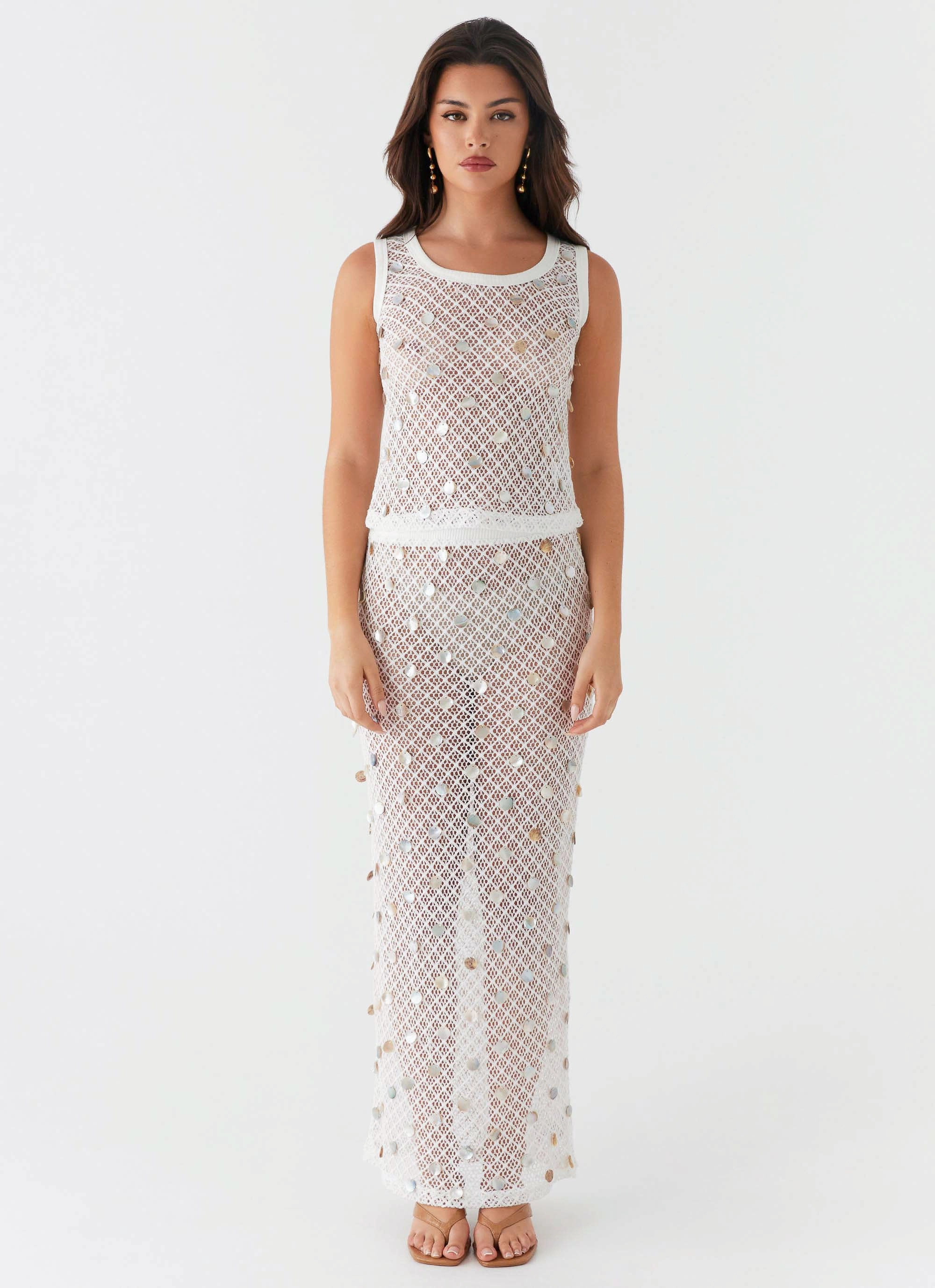 Lovina Shell Knit Maxi Skirt - White Contemporary Cut Formal Blouse