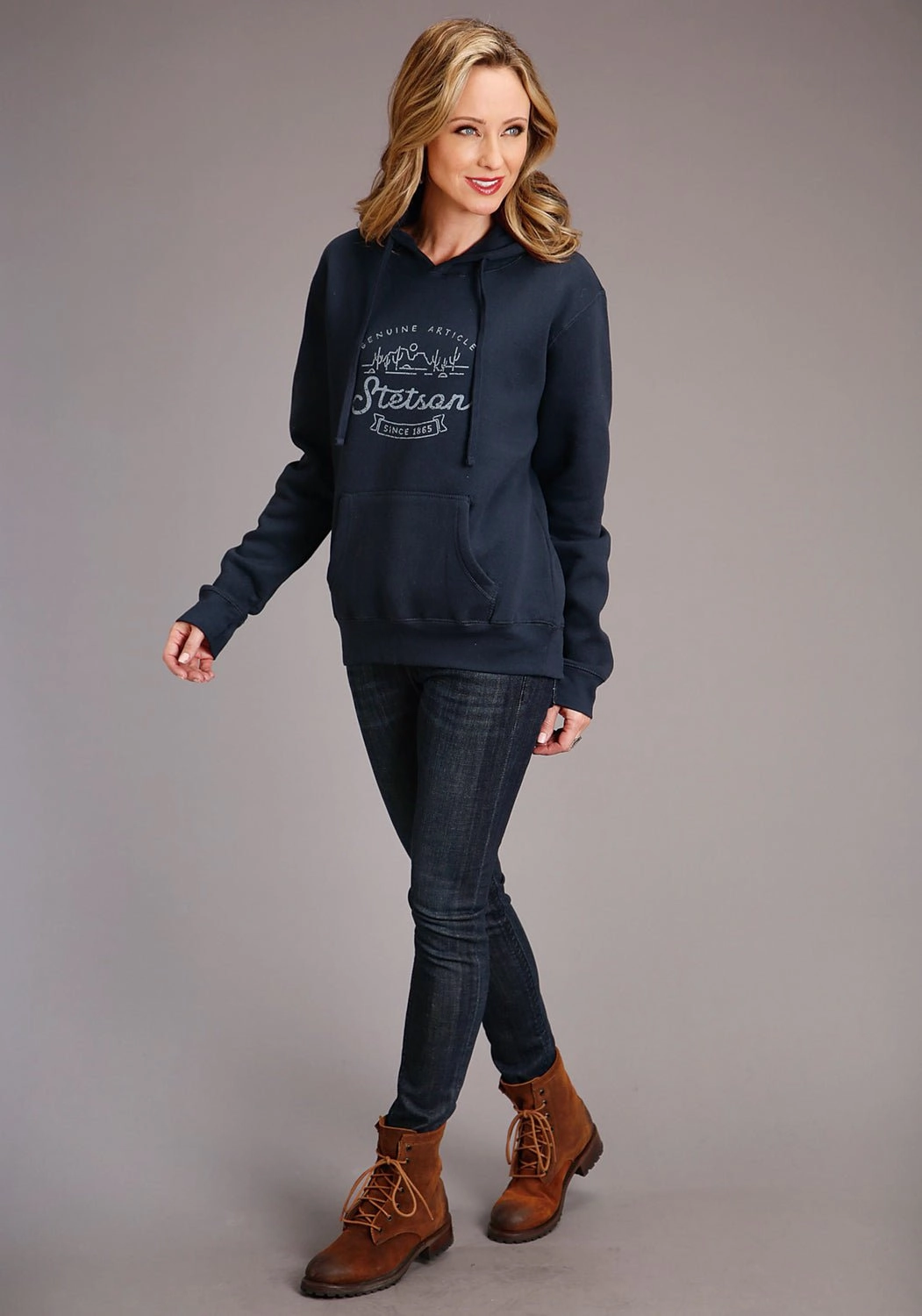 Comfy clothing Versatile Style Stetson Womens Navy Cotton Blend Mountain Screenprint Hoodie