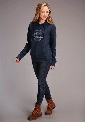 Comfy clothing Versatile Style Stetson Womens Navy Cotton Blend Mountain Screenprint Hoodie