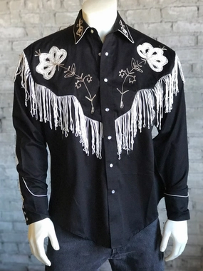 Rockmount Mens Black 100% Cotton Vintage Fringe Western L/S Shirt Graphic Art Stylish Appearance