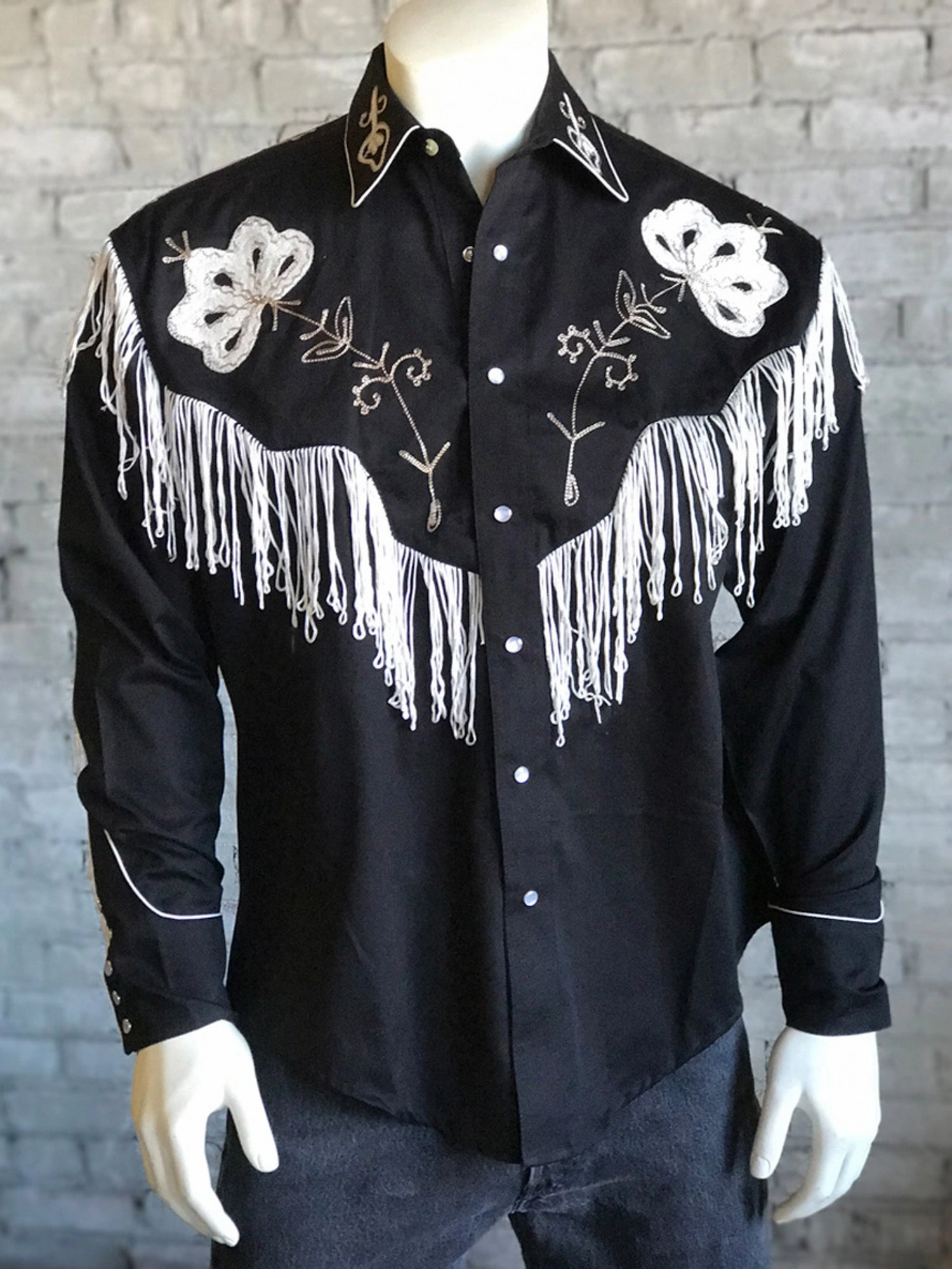 Metallic Finish Versatile Design Rockmount Mens Black 100% Cotton Vintage Fringe Western L/S Shirt