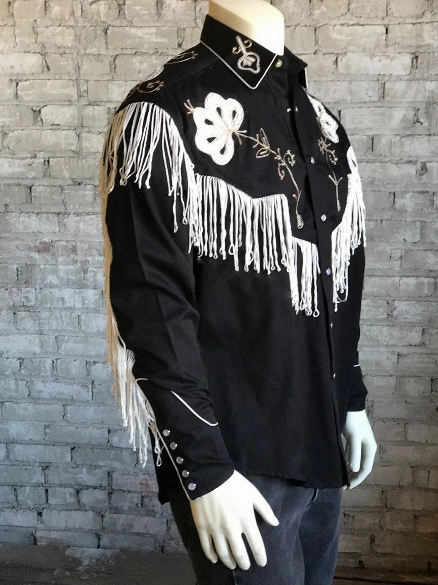 Party outfit Chambray Fabric Rockmount Mens Black 100% Cotton Vintage Fringe Western L/S Shirt