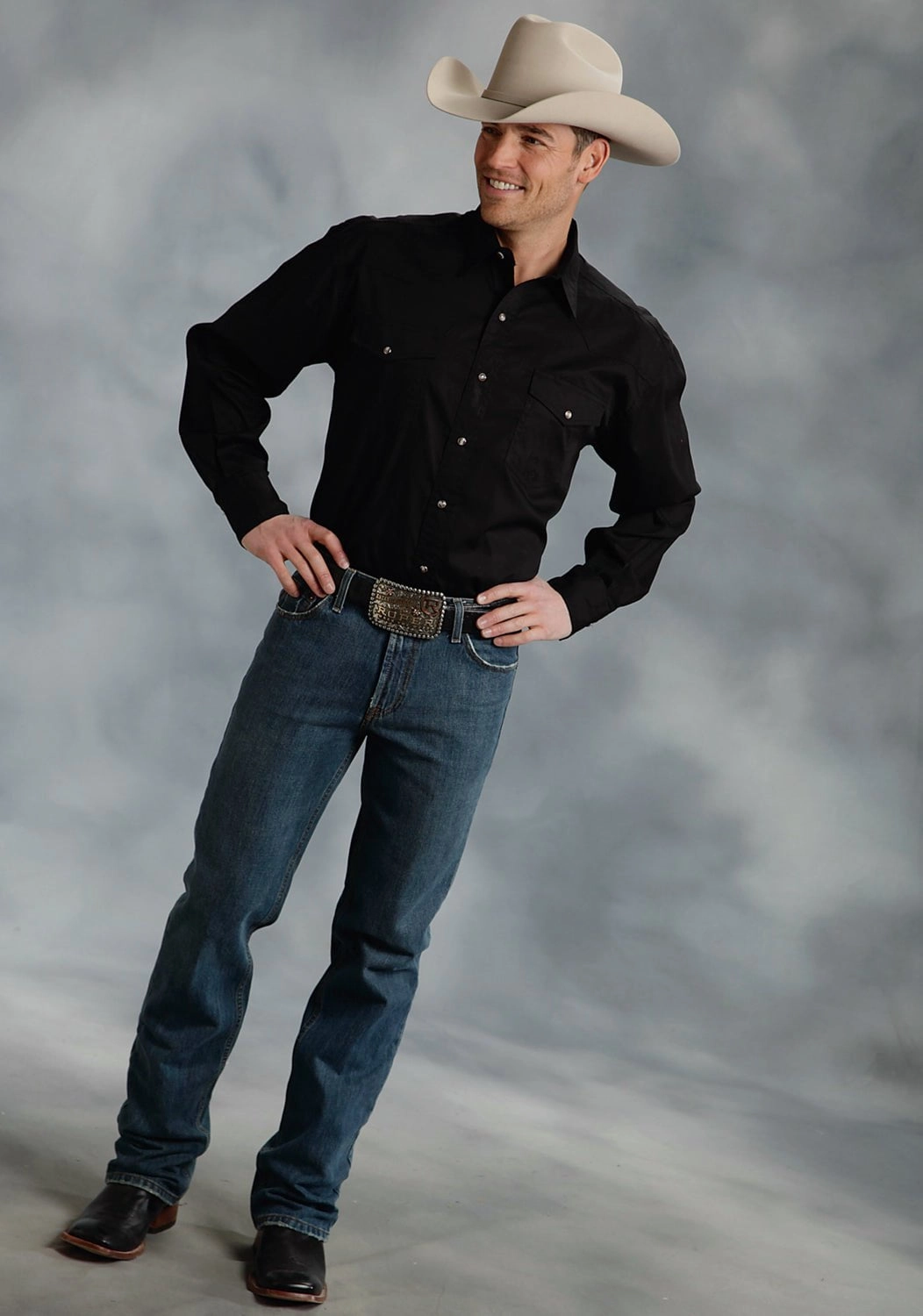 Roper Basic Solid Mens Black 100% Cotton Poplin L/S 2 Pkt Western Shirt Performance Fabric Geometric Design