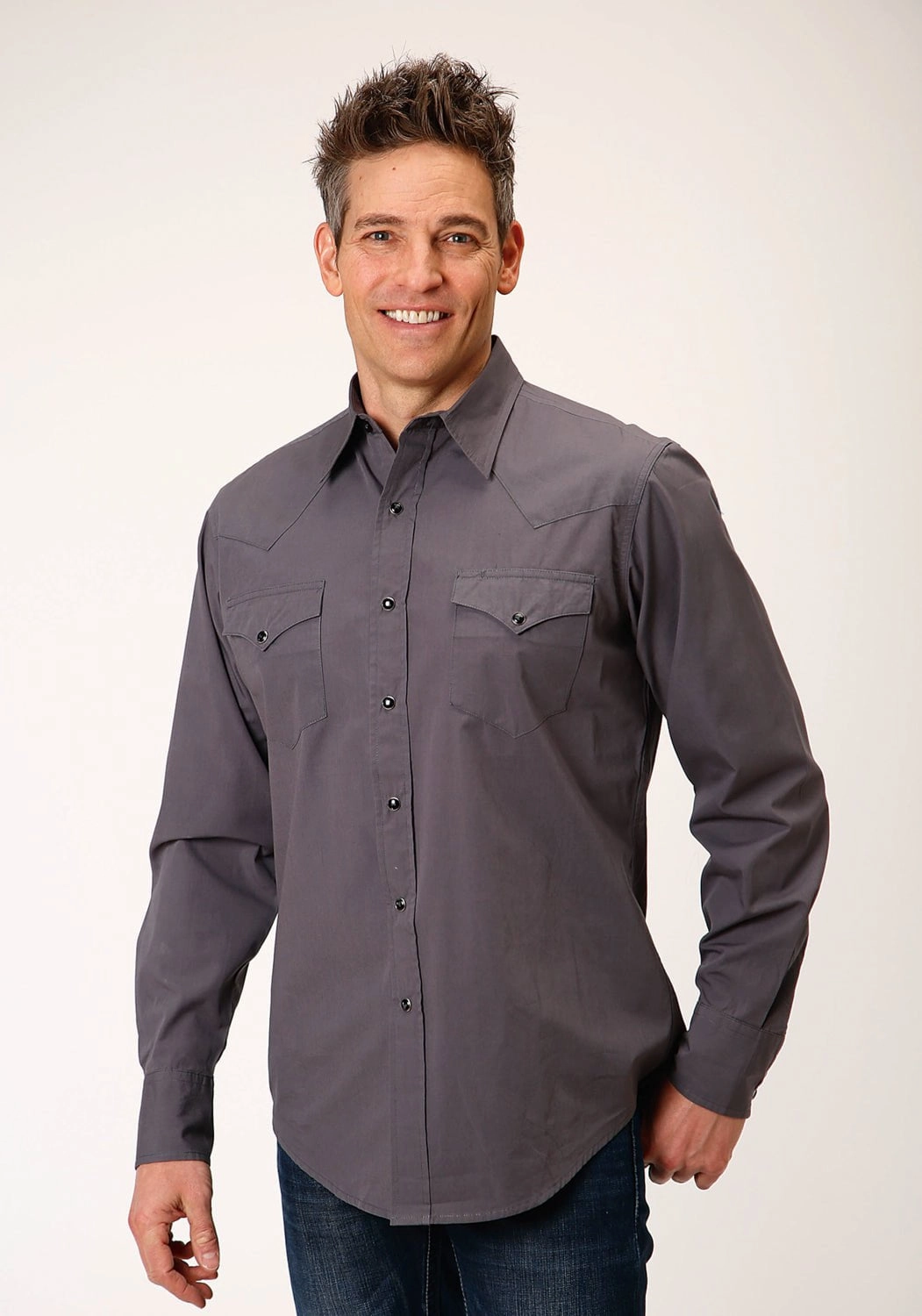 Roper Mens Charcoal 100% Cotton Solid Poplin L/S Shirt Lightweight Feel