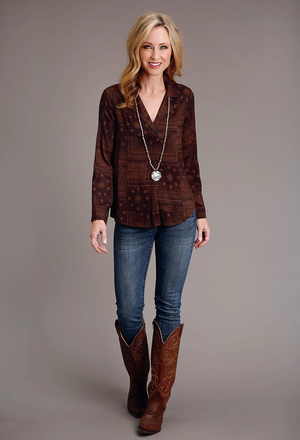 Stetson Womens Patchwork Bandana Brown 100% Rayon L/S Blouse Stretchable Fabric Anti-static