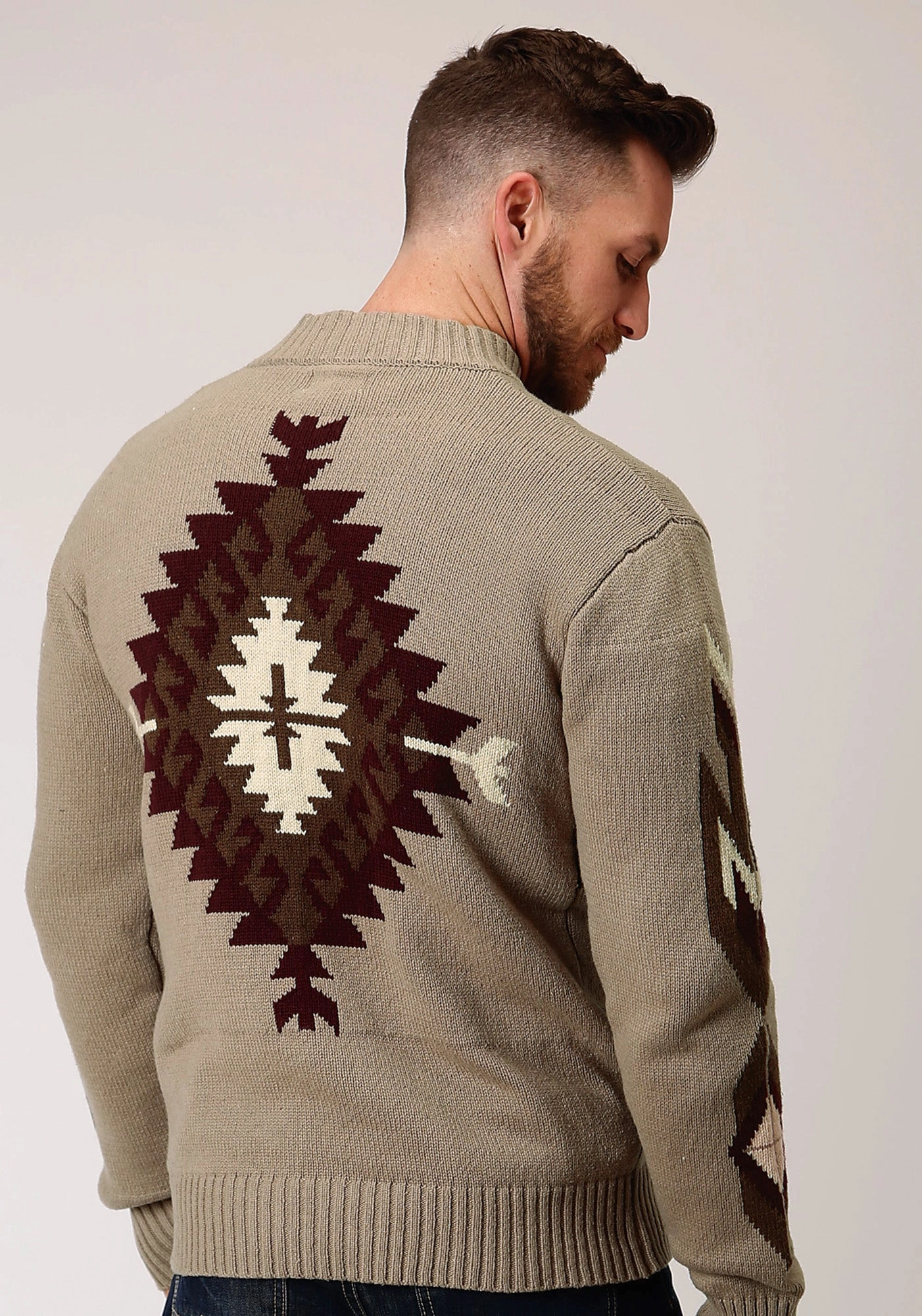 Comfort Stretch Stetson Mens Brown/Tan Cotton/Wool Aztec Pattern Cardigan