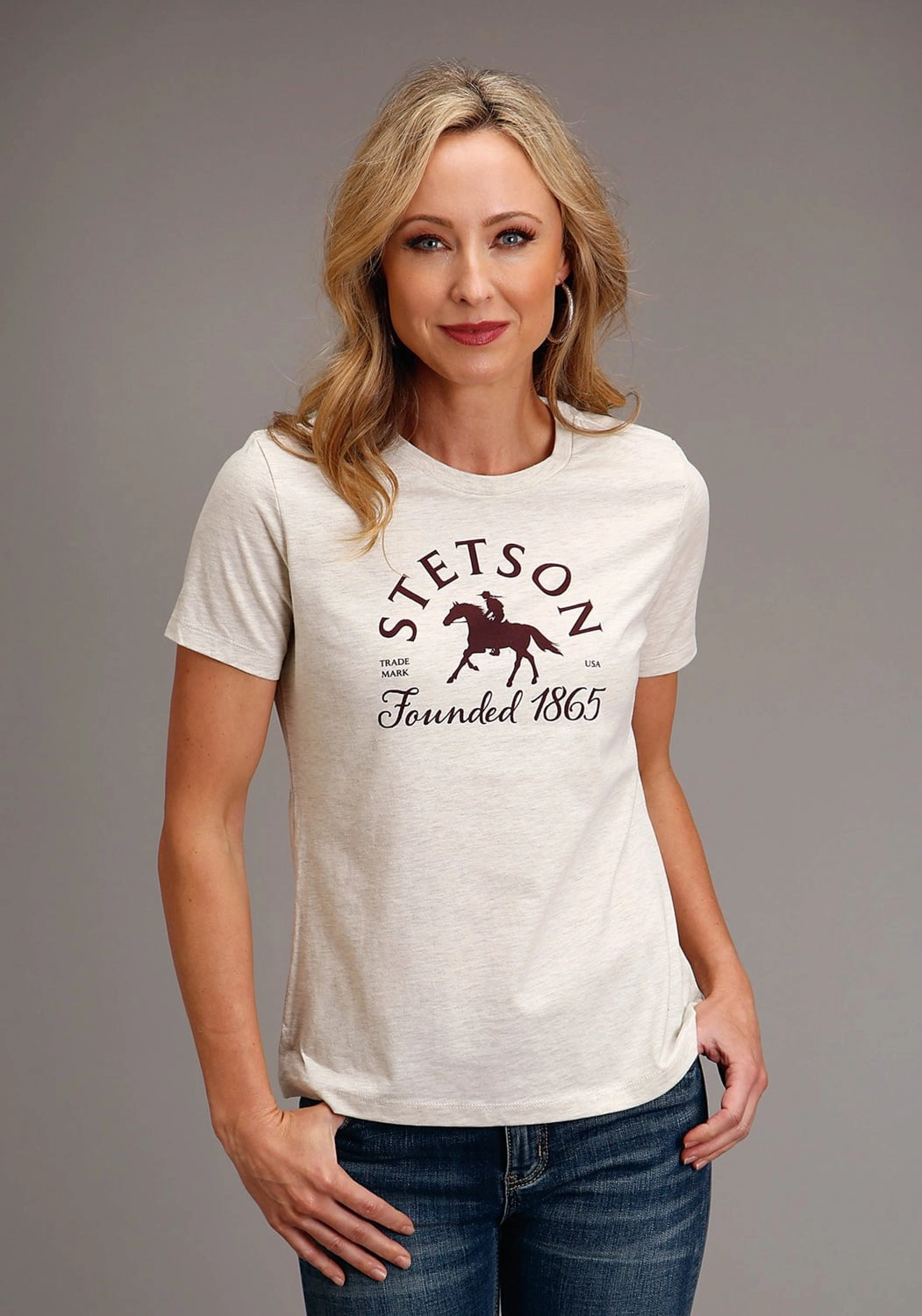 Stetson Womens Heather Cream Cotton Blend Horse Rider S/S T-Shirt Durable Quality Modern Appeal
