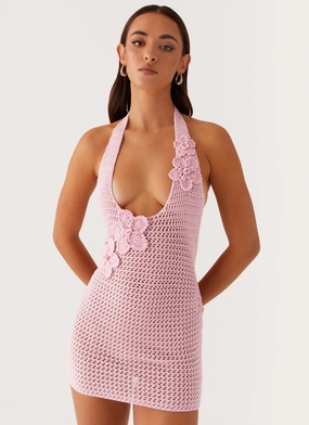 Luciana Crochet Halterneck Mini Dress - Pink Edgy-Look Layering Comfort