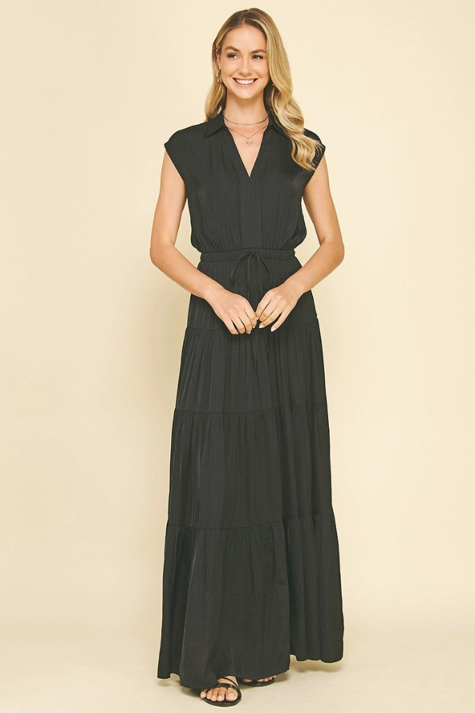 Layering-Piece Handmade Lucy Satin Tiered Maxi Dress in Black