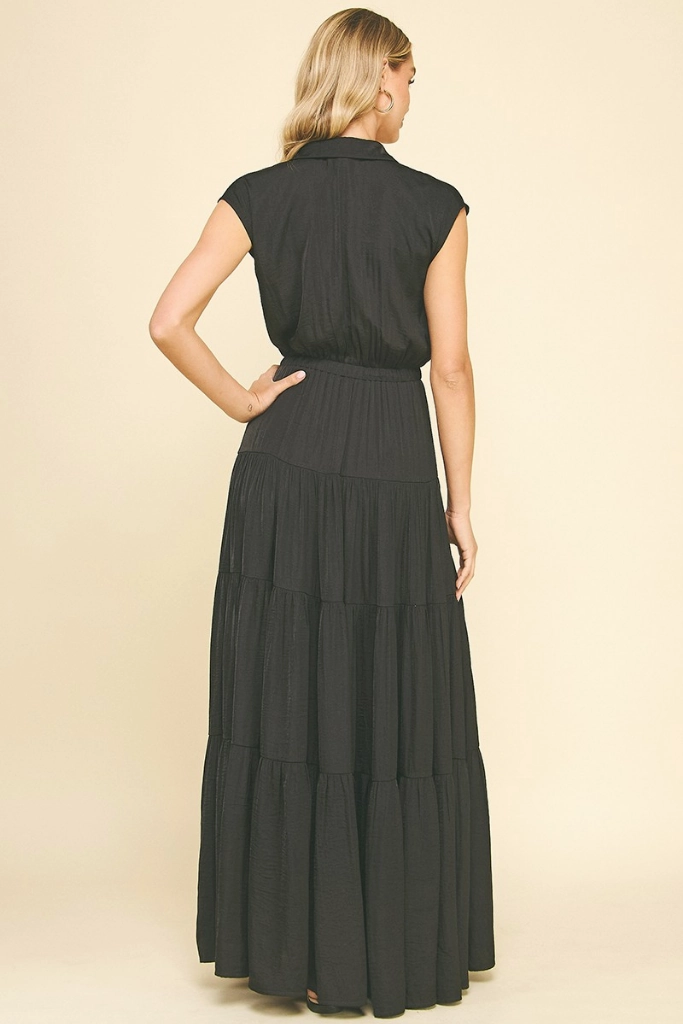 Boho Aesthetic Lucy Satin Tiered Maxi Dress in Black