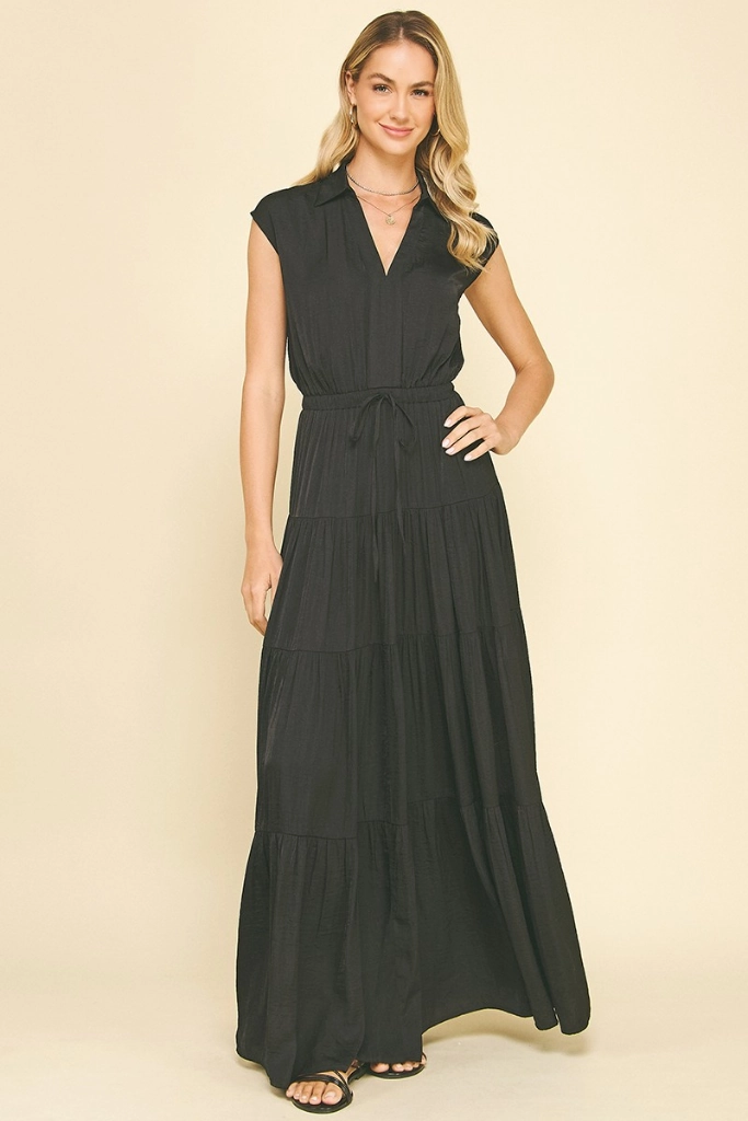 Lucy Satin Tiered Maxi Dress in Black Flattering Silhouette Relax Motion