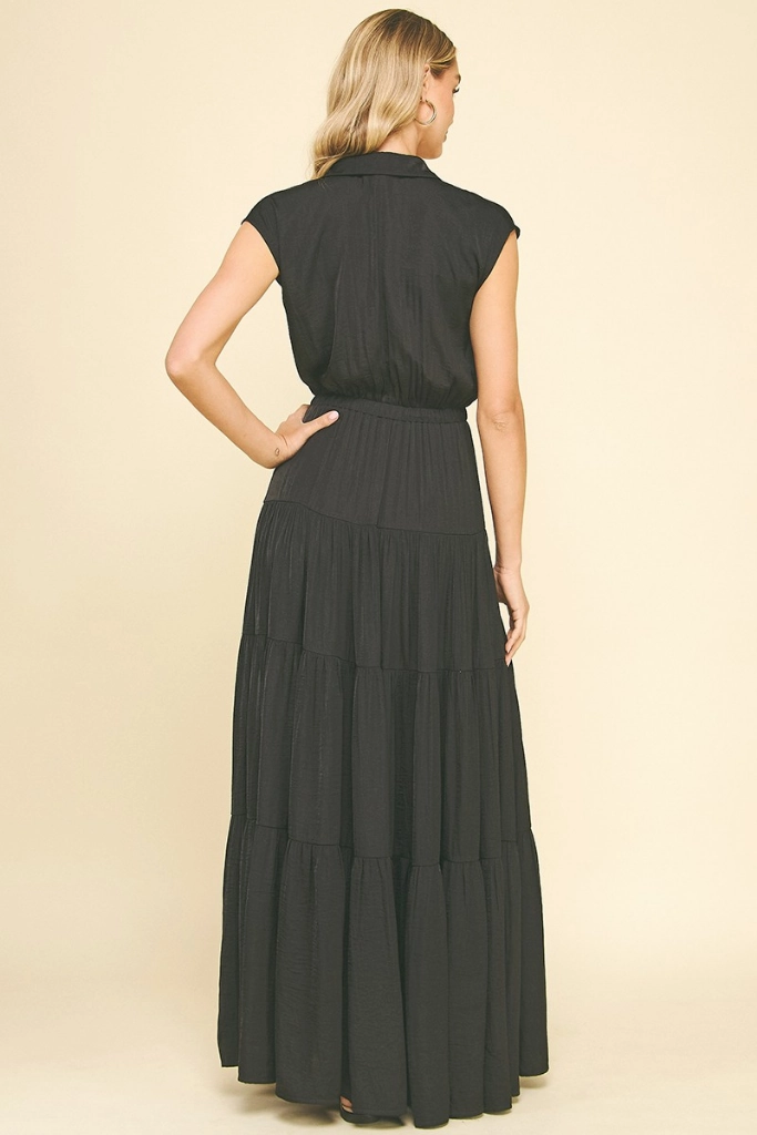 Lucy Satin Tiered Maxi Dress in Black Boat-Neck Lightweight Wear