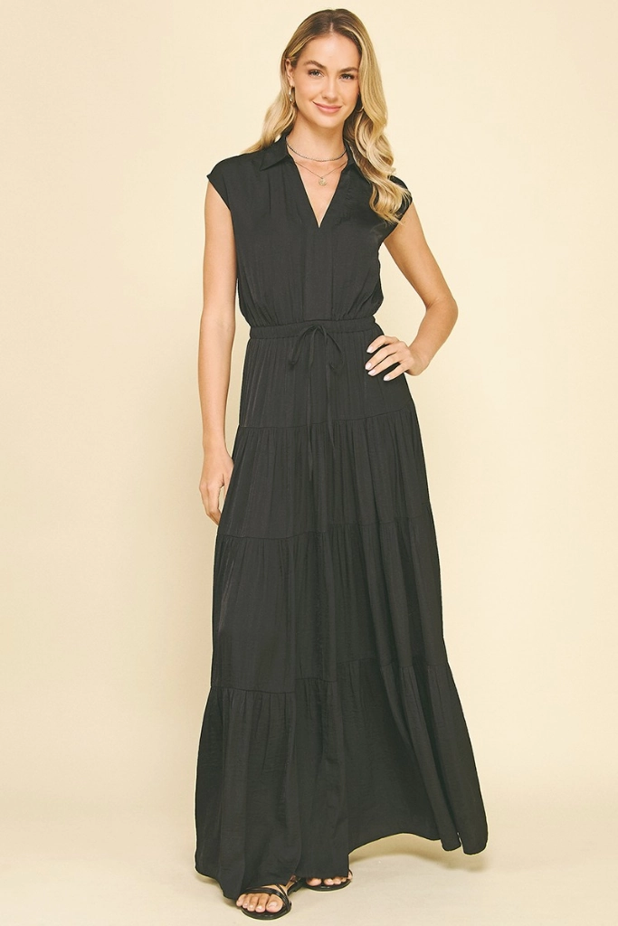 Flattering and Effortless Love Energy Lucy Satin Tiered Maxi Dress in Black