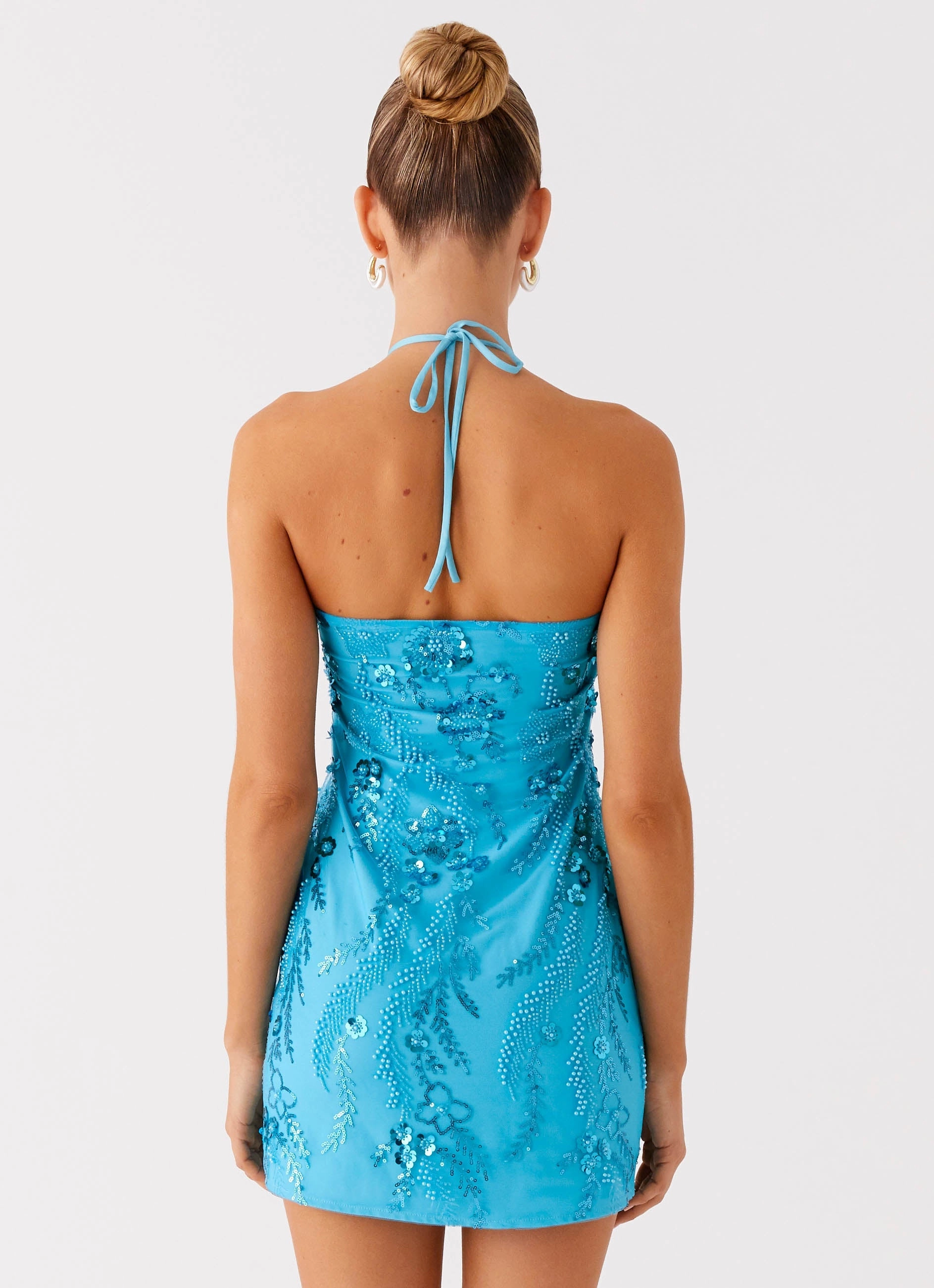 Celebrity-Inspired Drawstring-Waist Bebe Beaded Mini Dress - Royal Blue