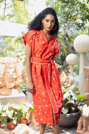 Adley Dress in Flame Scarlet High-Neck Textured Surface