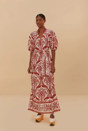 Sophisticated Line Tropical Cameo Maxi Dress in Off-White/Red