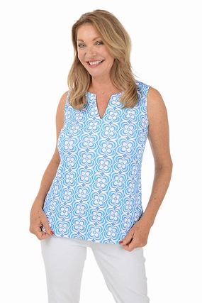 Light Elegance Office Tone Periwinkle Optical Daisy UPF50  Split Neck Sleeveless Top