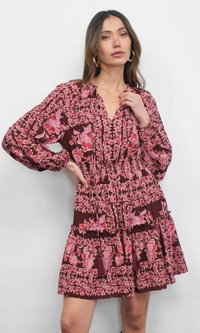 Ringo Long Sleeve Smocked Mini Dress in Maroon Party Safe