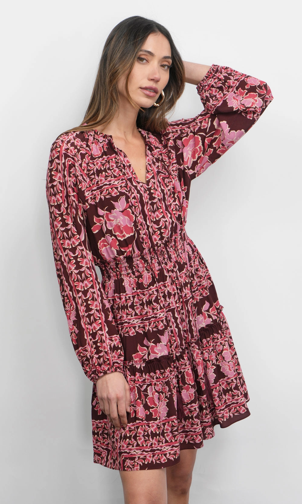 Flattering and Chic BiasCutSilhouette Ringo Long Sleeve Smocked Mini Dress in Maroon