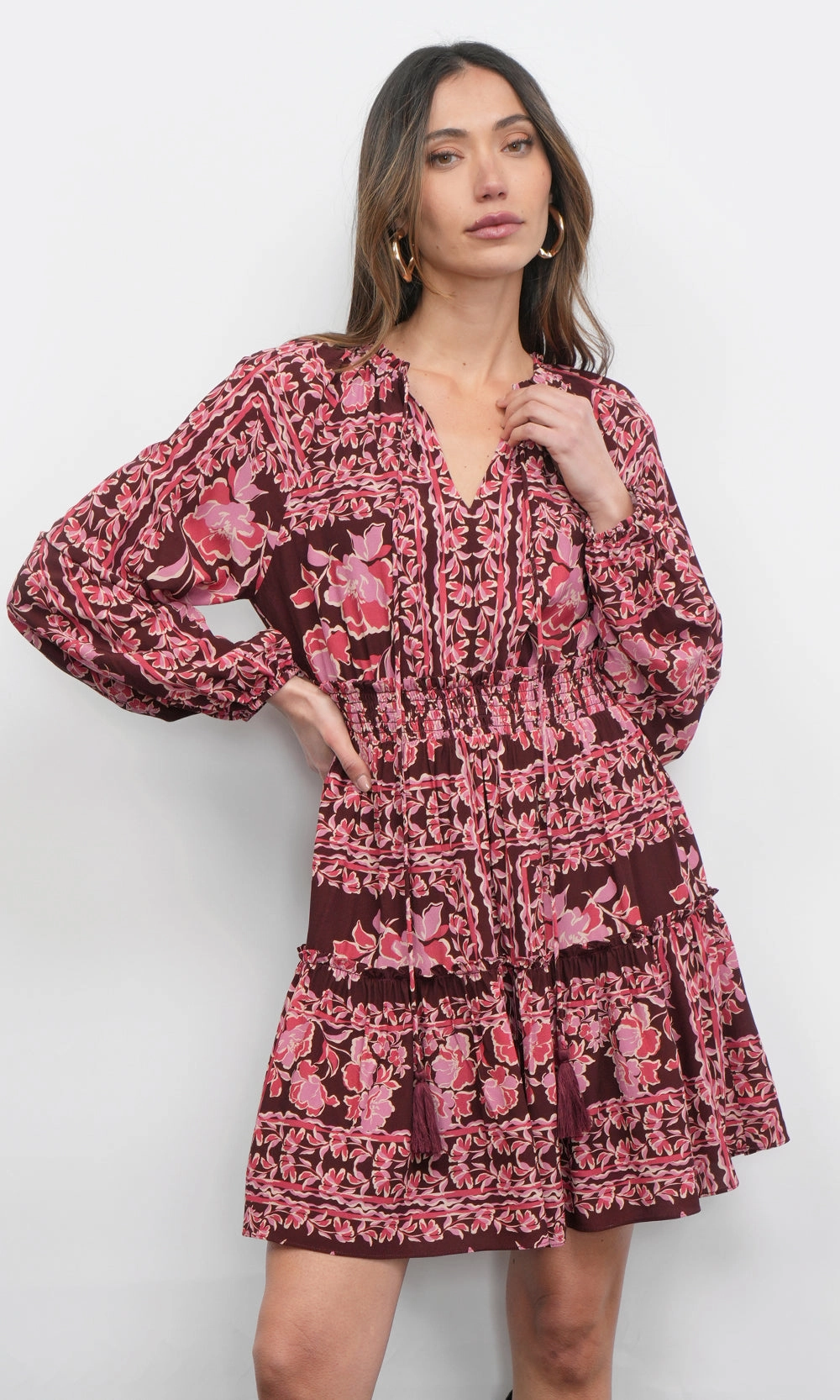 Ringo Long Sleeve Smocked Mini Dress in Maroon Party Safe