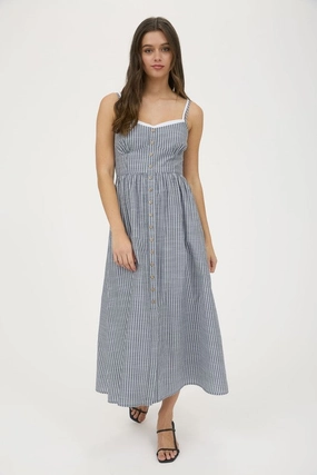 Malia Stripe Contrast Strap Button Down Midi Dress Timeless Fit Look Soft Flow