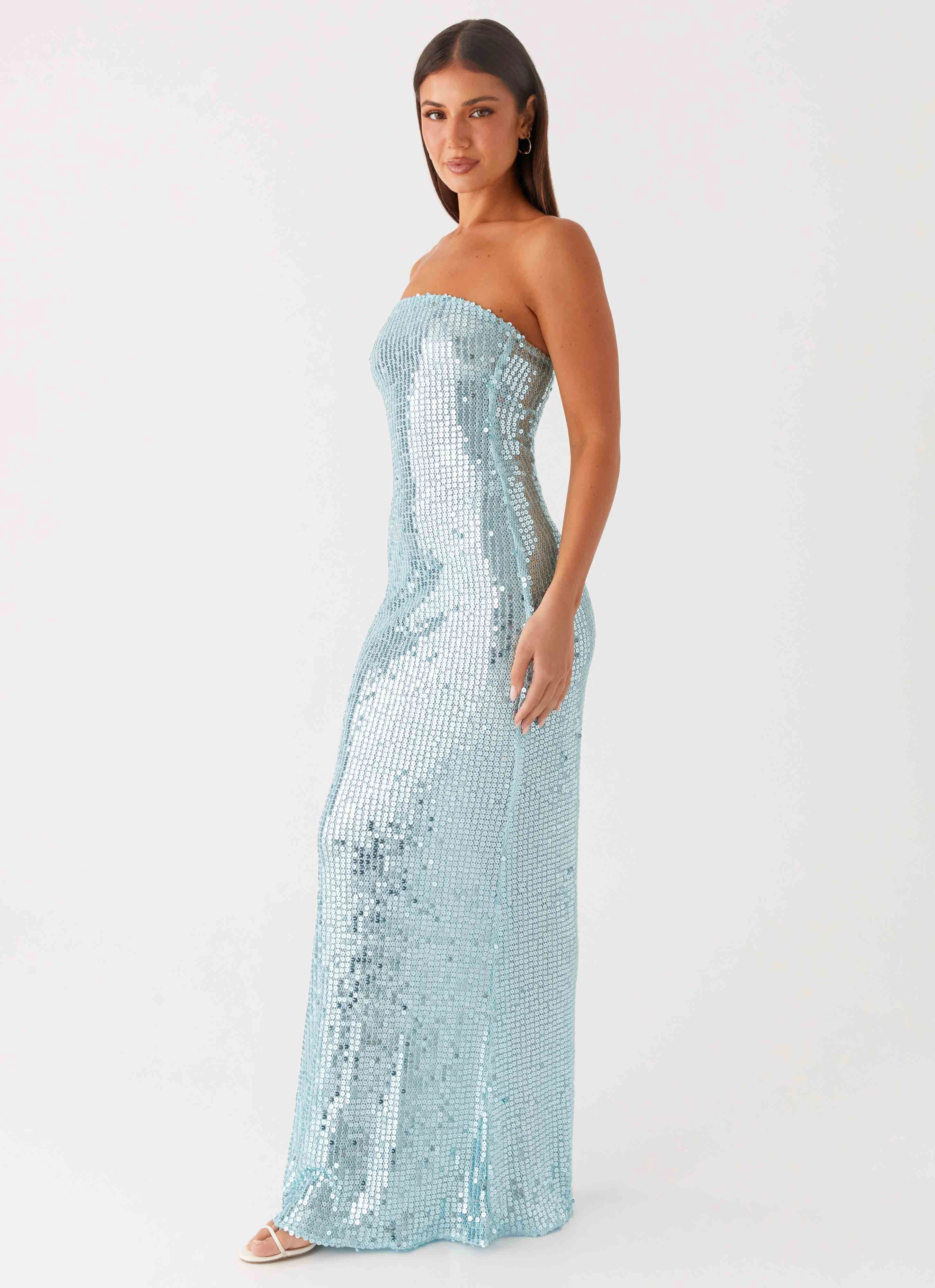 Lyric Sequin Maxi Dress - Turquoise Pleat-Front