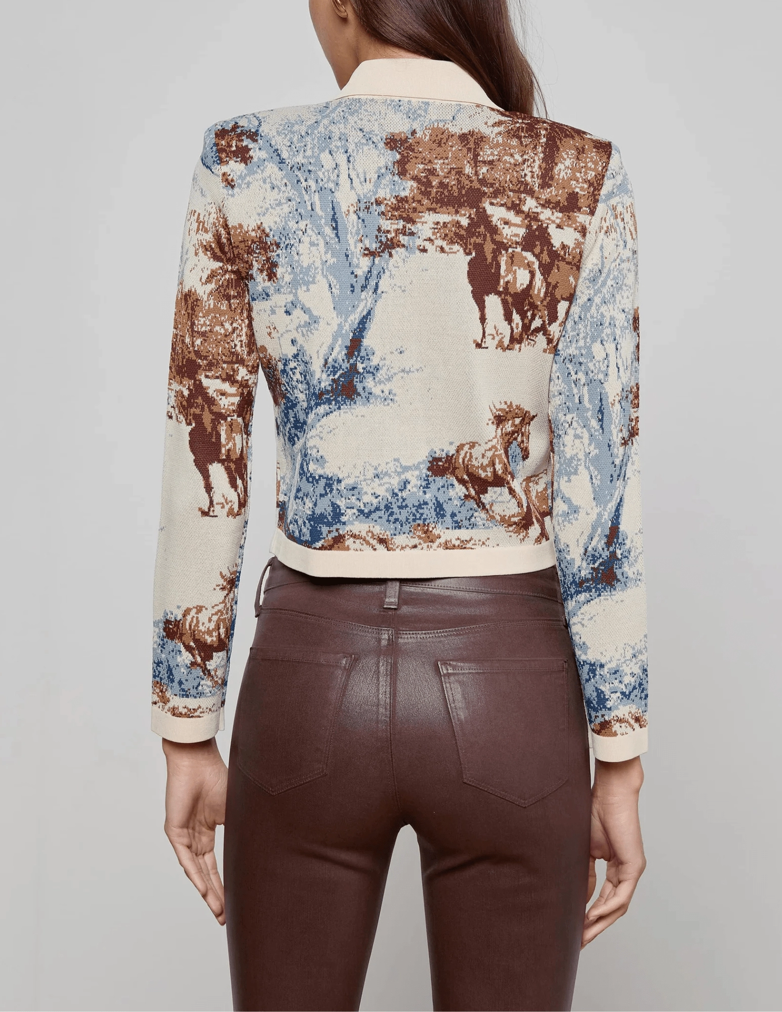 L'AGENCE Osiris Jacquard Cardigan in Tan Multi Western Toile Side Slit Design Multi Panel Construction