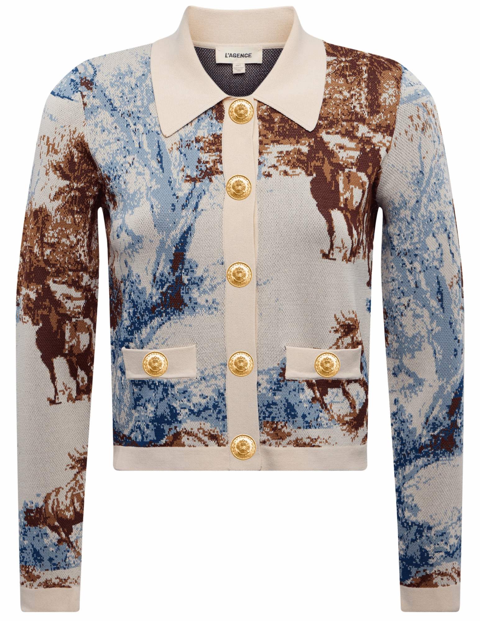 L'AGENCE Osiris Jacquard Cardigan in Tan Multi Western Toile Ultimate Layer Recycled Material Composition