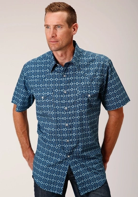 Roper Mens Mini Aztec Blue 100% Cotton S/S Shirt Water Repellent Finish