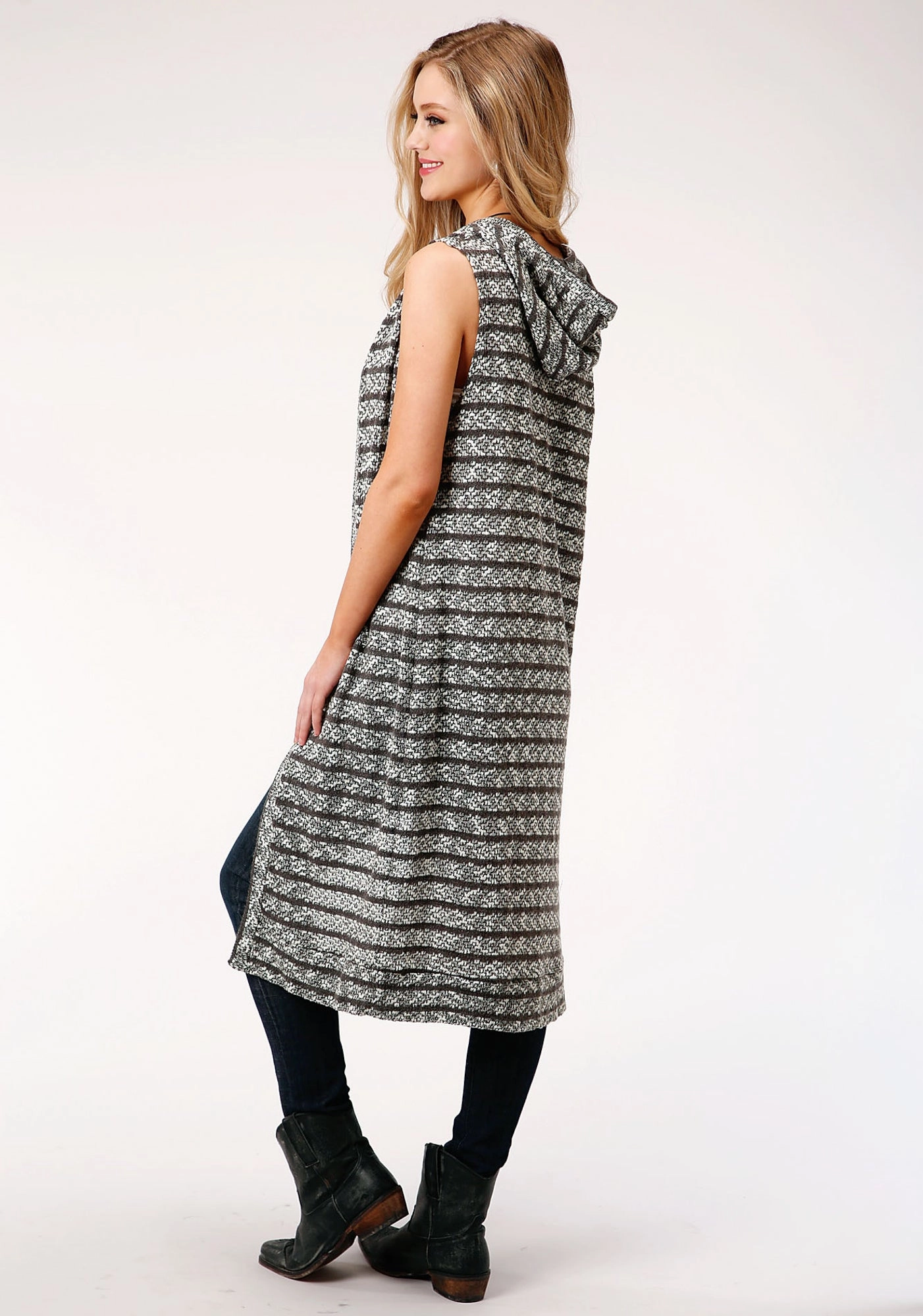 Roper Womens Black/White Cotton Blend Hooded S/L Cardigan Soft Texture Winter Must-Have Wear