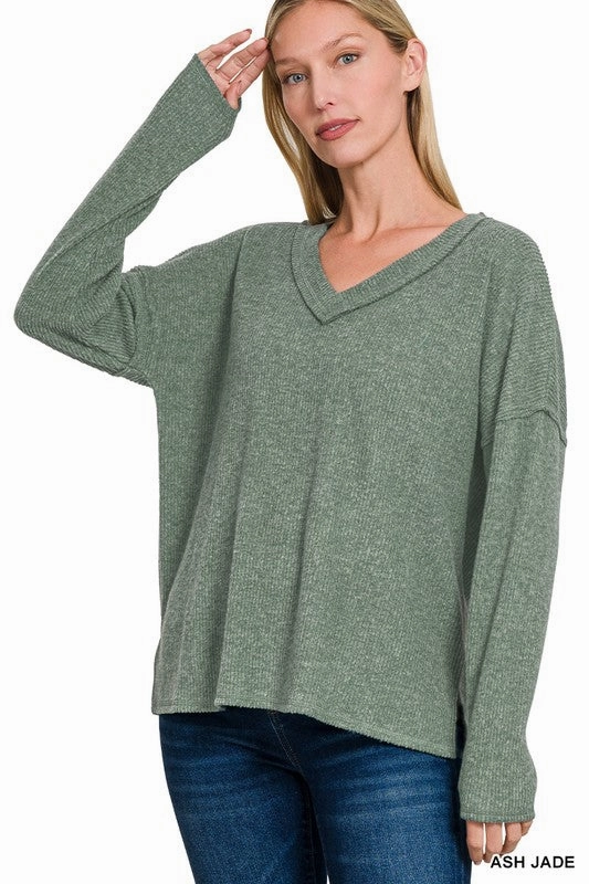 Mackenna Ribbed V-neck Drop Shoulder Top S-XL LowImpact Manufacturing Circular Knit Design