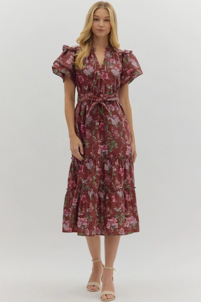 Bright-colored piece Timeless Look Madeleine Floral Tie Sash Midi Dress