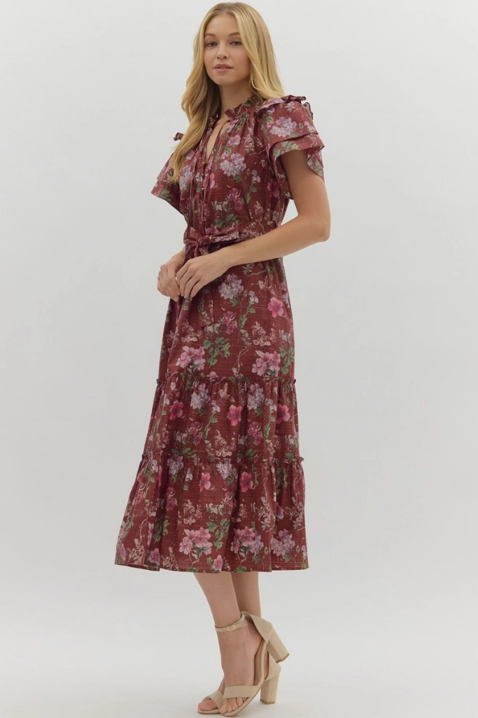 Fine Texture Relax Mode Madeleine Floral Tie Sash Midi Dress