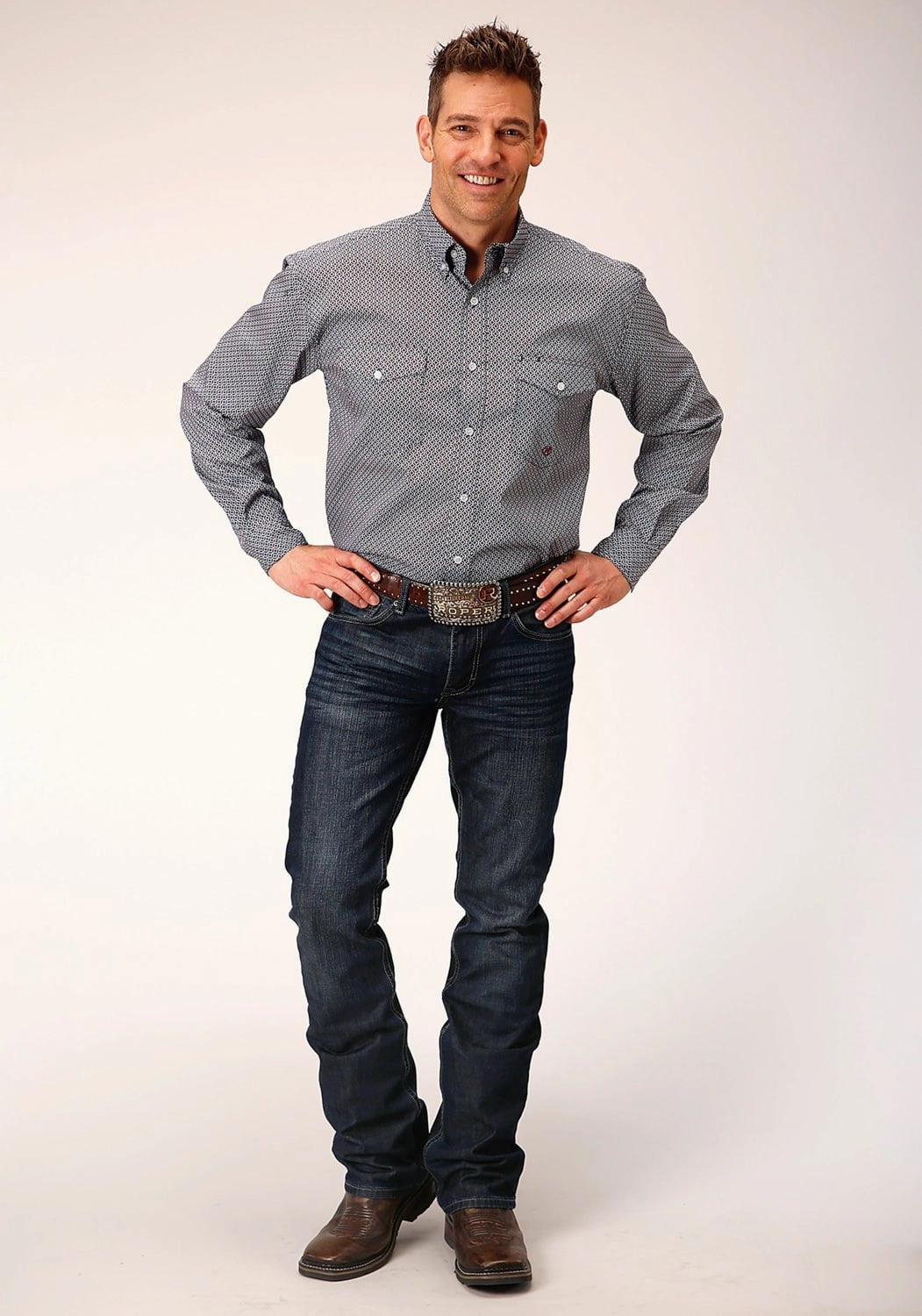 Party Ready Pocket Detail Roper Mens Classic Geo Blue 100% Cotton L/S Shirt