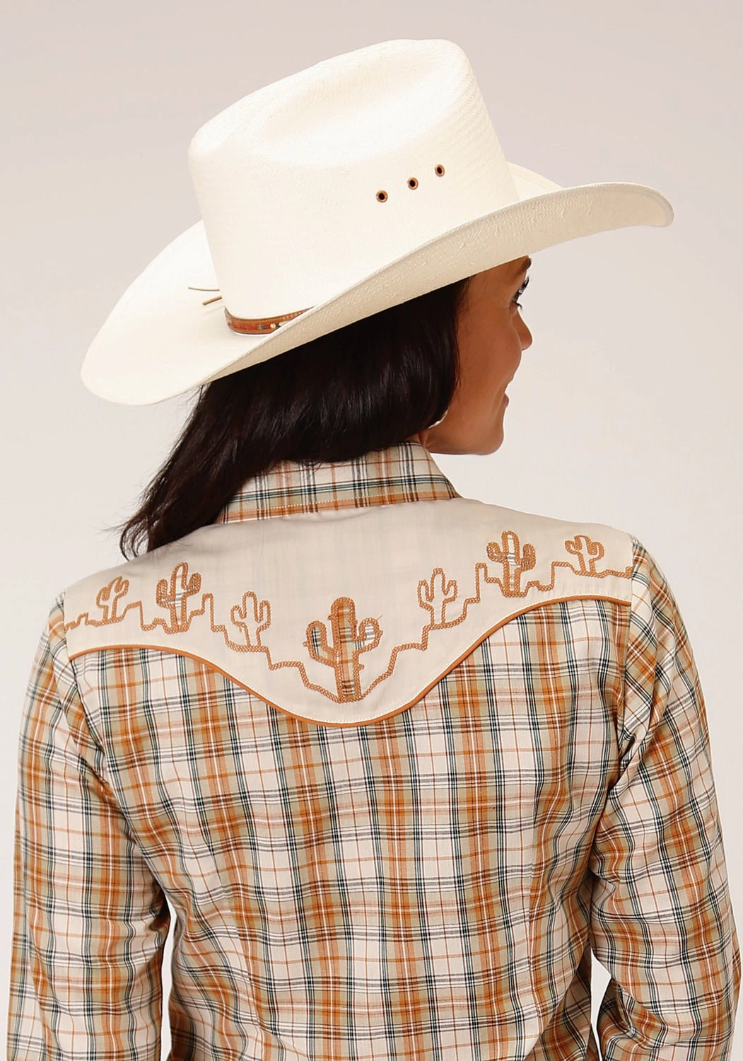 Petite Cut Two Tone Stitching Roper Womens Fancy Applique Brown Cotton Blend L/S Shirt